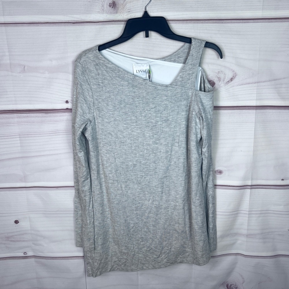 Lysse Top Womens Small Gray Cold Shoulder Tunic Tunic Long Sleeve Knit Pullover